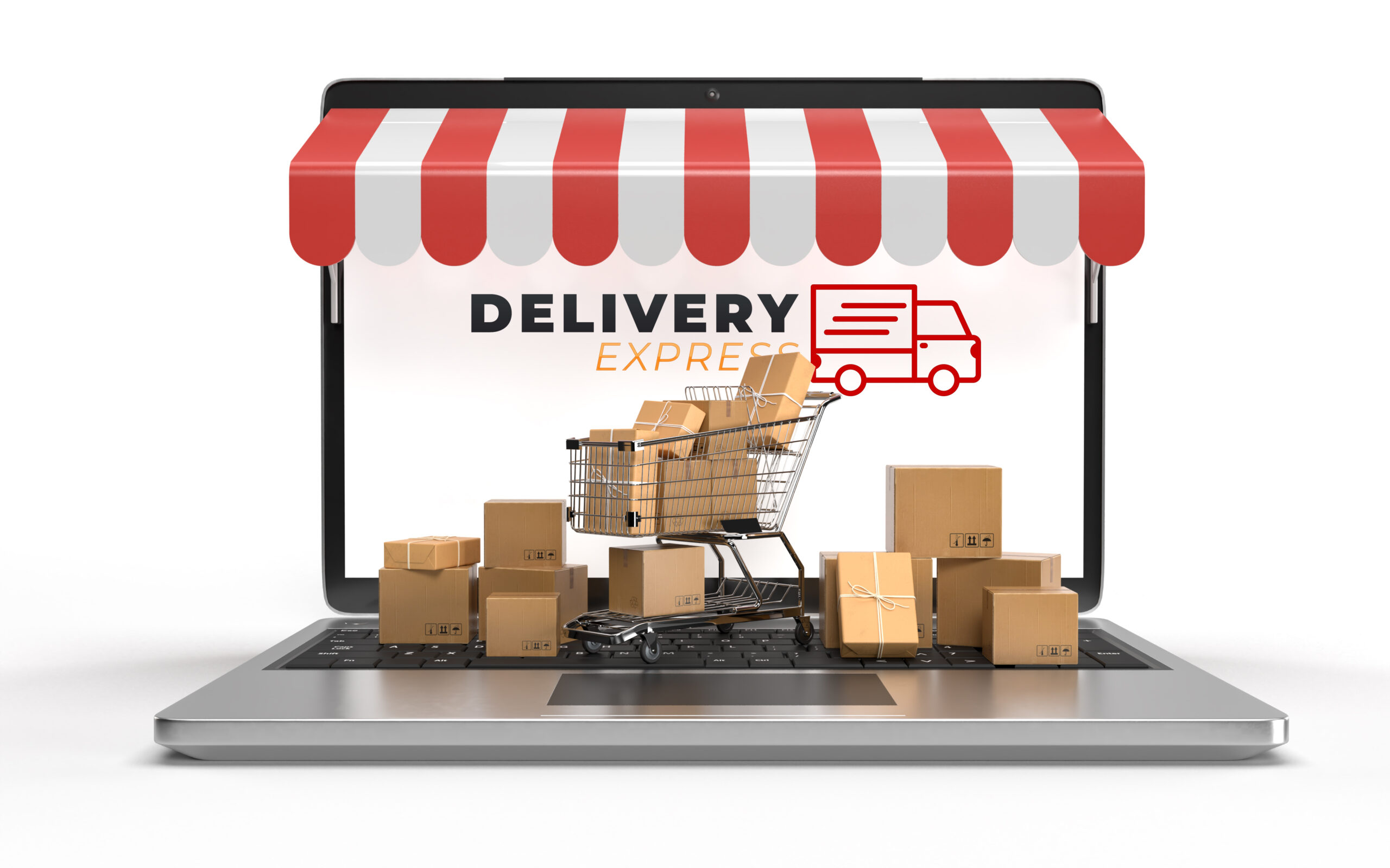 Shopping carts, cardboard packing with a laptop are waiting for transportation in e-commerce online shopping businesses. services online over the internet concept of electronics. 3d rendering